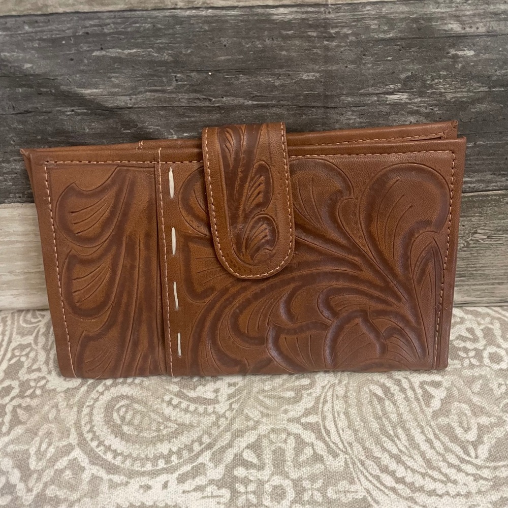 Leaders In Leather Hand Tooled Tan Brown Bifold Wallet Western Whipstitch Floral